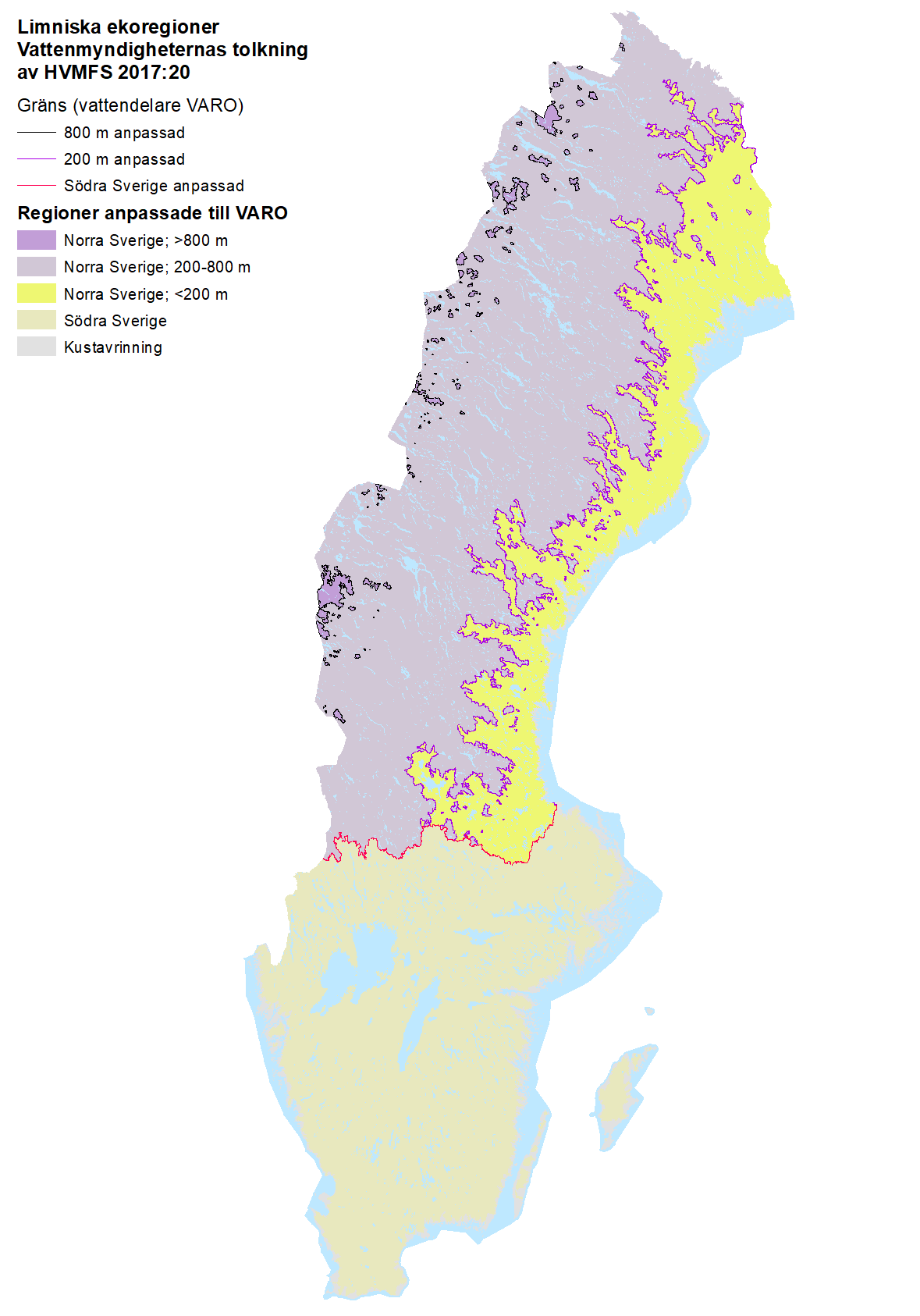 Grafisk presentation av limniska ekoregioner i form av färgade ytor på en Sverigekarta.