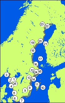 Illustration i form av Sverigekarta med utplacerade siffror nummer 1 till 25. Siffrorna hänvisar till numrerad lista som följer nedan. 